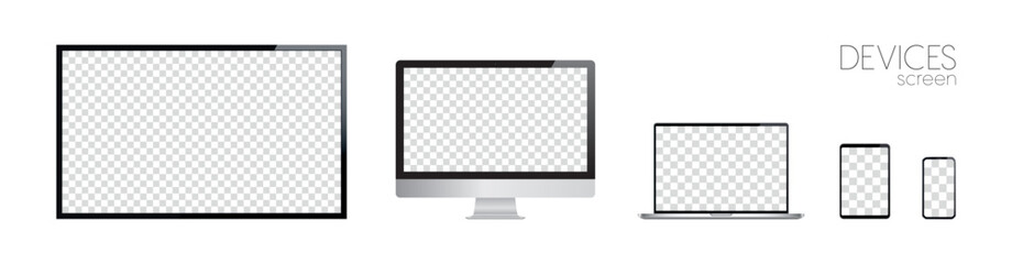 Poster - Screen device mockup. TV, PC, laptop, tablet, smartphone and smartwatch blank screens. Realistic media gadgets with transparent screen for presentation. Vector illustration 10 eps.