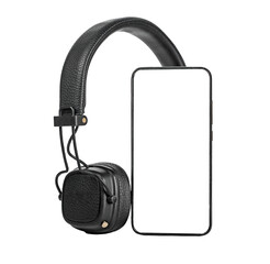 Poster - Mobile smartphone mockup, headphones isolated on white background. Smart phone screen mock up, template for audio music podcast application promotion