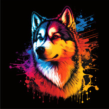 Dog. Siberian Husky. Straight Look. Lots Of Bright, Rainbow Colors. Dark Background. Suitable For T-shirts, Covers, Books, Posters, Marketing.