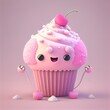 Cute Pink Cartoon Cupcake Character, Generative AI. Digital Art Illustration