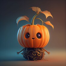 Cute Pumpkin Cartoon Character, Generative AI. Digital Art Illustration
