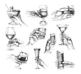 Wall Mural - Collection of monochrome illustrations of hands holding alcohol in sketch style. Hand drawings in art ink style. Black and white graphics.