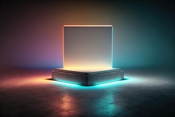 Wall Mural - square neon light product background stage or podium pedestal on grungy street floor with glow spotlight and blank display platform. . Generative AI