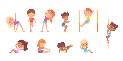 sport exercises of children set, gymnastics and physical activity of little child in gym