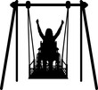 Silhouette of a happy woman is a disabled person in a wheelchair on an adaptive swing. Vector Silhouette
