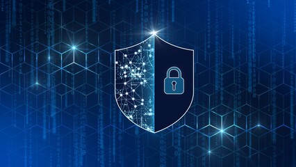 Poster - Digital internet cyber security technology concept - Protective Shield with padlock on graphic cube pattern background with falling binary code tapes - 3D Illustration