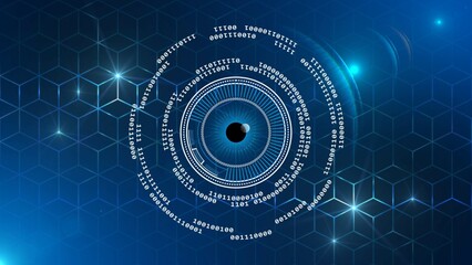 Poster - Digital internet cyber security technology concept - binary code circles around futuristic electronic eye on graphic cube pattern background - 3D Illustration