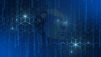 Poster - Digital internet cyber security technology concept - silhouette of abstract 3D robotic head on graphic cube pattern background with falling binary code tapes- 3D Illustration