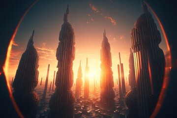 A labyrinth of glittering glass skyscrapers in a stunning futuristic city with the sunrise in the background.