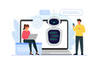 Vector illustration of chatbot customer service support concept. People characters chatting with chat bot in smartphone and laptop.