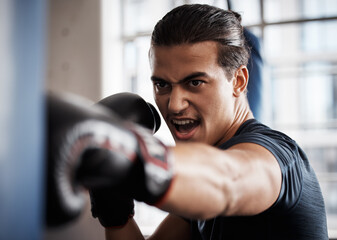 Canvas Print - Boxer, sports and man with punching bag training for fitness, fight gym exercise or intense power challenge. Strong athlete, angry fighter or person boxing for health performance, cardio or workout