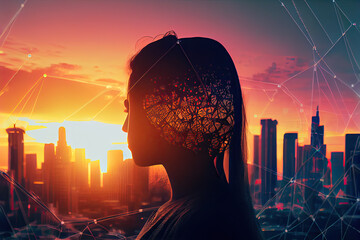 Woman watching wireless network and connected technology elements covering abstract architectural city