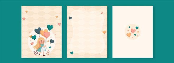 Poster - Love Greeting Cards With Cute Girl Character Walking, Heart Balloons And Space For Text Or Message.