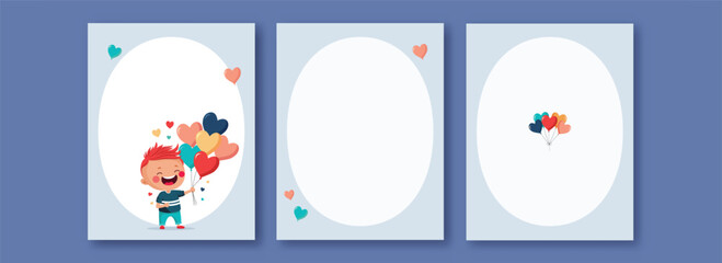 Canvas Print - Greeting Card Templates Layout With Space For Text, Funny Boy Character Holding Bunch of Colorful Heart Balloons.