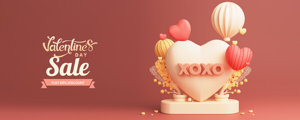 Sticker - Valentine's Day Sale Banner Or Poster With 80% Discount Offer, Heart Shape Frame With Podium, Balloons And Decorative Elements. 3D Render.