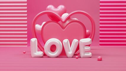 Canvas Print - 3D Render of Foil Love Text And Heart Shape Frame On Pink Abstract Background. Valentine's Day Concept.