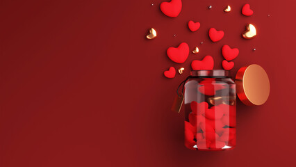 Canvas Print - 3D Render, Golden And Red Hearts Coming Out of Glass Jar. Love Concept.