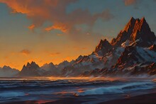 Sunset Over The Mountains  In Anime Style Illustration