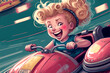 © Giordano Aita - illustration for a children's book of a smiling child has fun on bumper cars - AI generative