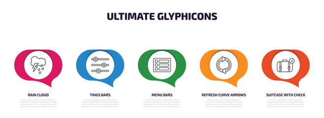 Poster - ultimate glyphicons infographic element with outline icons and 5 step or option. ultimate glyphicons icons such as rain cloud, tings bars, menu bars, refresh curve arrows, suitcase with check