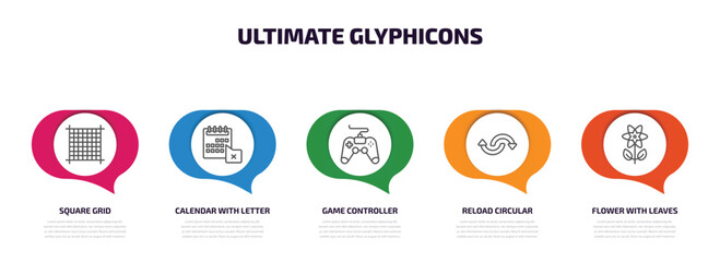 Poster - ultimate glyphicons infographic element with outline icons and 5 step or option. ultimate glyphicons icons such as square grid, calendar with letter x, game controller cross, reload circular arrow,