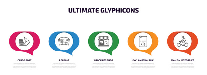 Poster - ultimate glyphicons infographic element with outline icons and 5 step or option. ultimate glyphicons icons such as cargo boat, reading, groceries shop, exclamation file, man on motorbike vector.