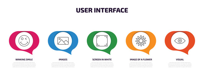 Poster - user interface infographic element with outline icons and 5 step or option. user interface icons such as winking smile, images, screen in white, image of a flower, visual vector.