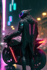 Wall Mural - A futuristic cyberpunk man wearing a neon lit helmet, standing in front of his black motorcycle with neon light accents, in a neon-lit, rainy city street at night, generative ai