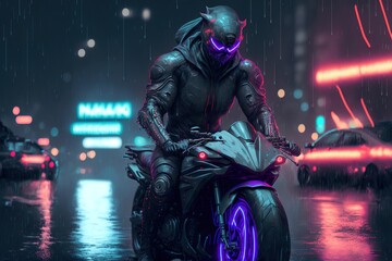 Wall Mural - A person wearing a neon-lit helmet and riding a black motorcycle with purple neon-lit wheels in a futuristic, neon-lit city during a rainy night, generative ai
