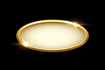 Poster - 3d plate button of ellipse shape with golden frame vector illustration. Realistic isolated website element, golden glossy label for game UI, oval badge of navigation menu with light effect on border