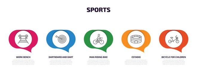 Aufkleber - sports infographic element with outline icons and 5 step or option. sports icons such as work bench, dartboard and dart, man riding bike, estadio, bicycle for children vector.