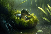  A Dinosaur In A Pond With A Frog In It's Nest In The Grass And Water With Lily Pads Around It, With A Frog In The Water.  Generative Ai