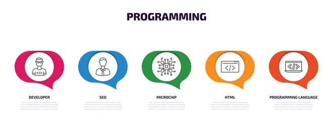Wall Mural - programming infographic element with outline icons and 5 step or option. programming icons such as developer, seo, microchip, html, programming language vector.