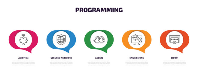 Wall Mural - programming infographic element with outline icons and 5 step or option. programming icons such as aorithm, secured network, addon, engineering, error vector.
