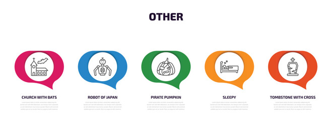 Poster - other infographic element with outline icons and 5 step or option. other icons such as church with bats, robot of japan, pirate pumpkin, sleepy, tombstone with cross vector.