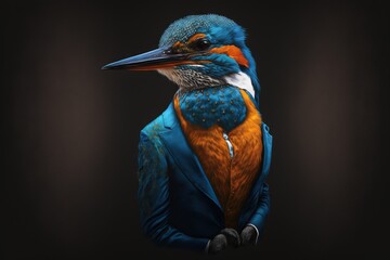  a colorful bird with a blue jacket and orange beak is standing in the dark, with a black background behind it, and a black background.  generative ai