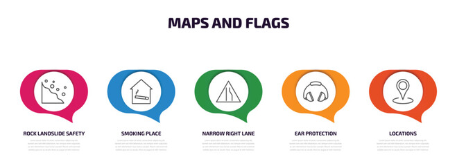 Poster - maps and flags infographic element with outline icons and 5 step or option. maps and flags icons such as rock landslide safety, smoking place, narrow right lane, ear protection, locations vector.