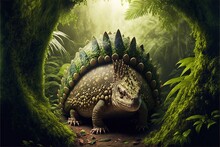 A Large Dinosaur With A Large Head In A Forest With Trees And Plants On The Ground And A Light Shining On The Ground Behind It.  Generative Ai