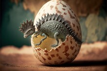  A Dinosaur In An Egg Shell With A Dinosaur Figure Inside It, On A Table Top With A Green Background And A Brown Background With A Green Spot.  Generative Ai