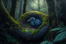  A Bird Is Sitting In A Mossy Nest In The Woods With A Fern Growing Around It's Base And A White Ball In The Middle.  Generative Ai