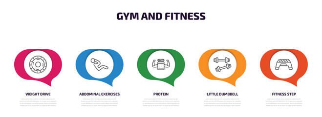 Poster - gym and fitness infographic element with outline icons and 5 step or option. gym and fitness icons such as weight drive, abdominal exercises, protein, little dumbbell, fitness step vector.