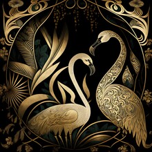 Abstract Gold Swans And Birds With Botanical Ethnic Background 