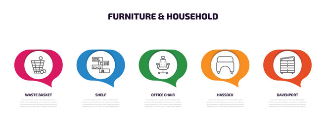 Poster - furniture & household infographic element with outline icons and 5 step or option. furniture & household icons such as waste basket, shelf, office chair, hassock, davenport vector.
