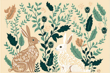 Easter Bunnies And Plants Pattern Decorative Background, Retro Style, Generative AI