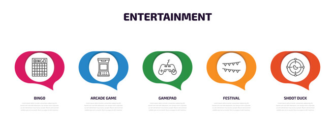 Poster - entertainment infographic element with outline icons and 5 step or option. entertainment icons such as bingo, arcade game, gamepad, festival, shoot duck vector.