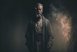 © AIproduction - Serious catholic priest standing on black background with smoke. AI generated