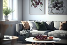 Real Photo Of A Simple Living Room Interior With Cushions On Gray Sofa, Paintings On White Wall And Cherries On A Coffee Table
