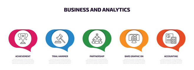 Poster - business and analytics infographic element with outline icons and 5 step or option. business and analytics icons such as achievement, trial hammer, partnership, bars graphic on screen, accounting
