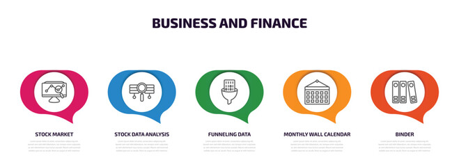 Poster - business and finance infographic element with outline icons and 5 step or option. business and finance icons such as stock market, stock data analysis, funneling data, monthly wall calendar, binder