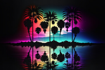 Wall Mural - night neon landscape with palm trees, night background, 90s, retro style, bright multi-colored neon,